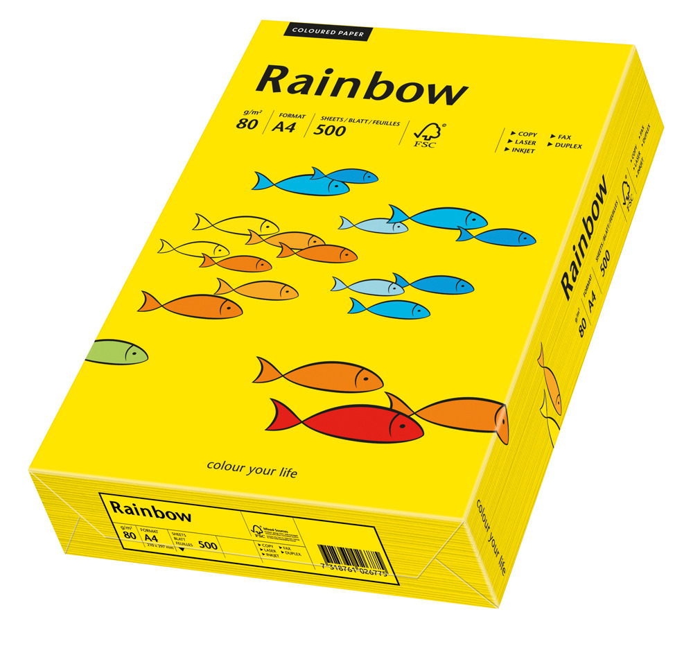Spalvotas Popierius Rainbow A4, intensyvi geltona (18), 80 g/m² 500 lapų pakuotėje/ 160 g/m² 250 lapų pakuotėje, 5 pakeliai dėžėje. Spalvotas Popierius Rainbow A4, intensyvi geltona (18), 80 g/m² 500 lapų pakuotėje/ 160 g/m² 250 lapų pakuotėje, 5 pakeliai dėžėje.