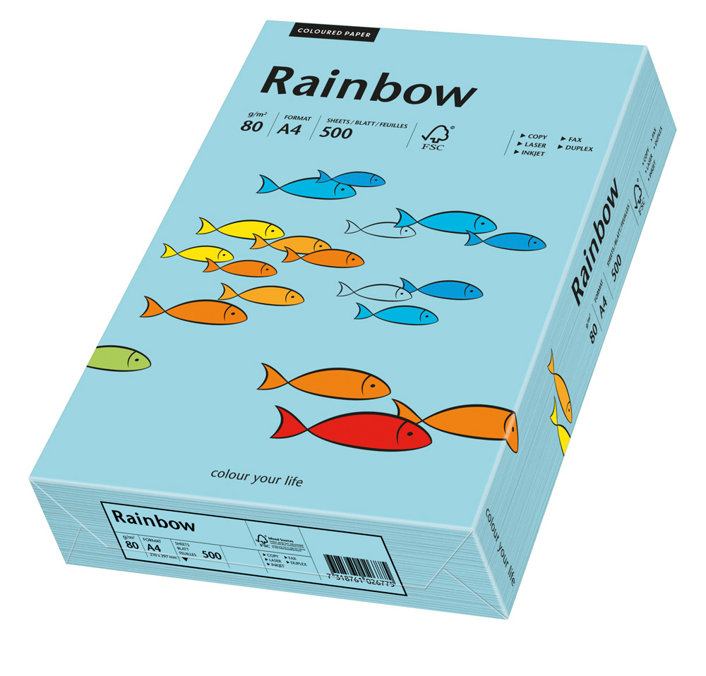 Spalvotas Popierius Rainbow A4, melsva (84), 80 g/m² 500 l. pakuotėje/ 160 g/m² 250 l. pakuotėje, 5 pakeliai dėžėje. Spalvotas Popierius Rainbow A4, melsva (84), 80 g/m² 500 l. pakuotėje/ 160 g/m² 250 l. pakuotėje, 5 pakeliai dėžėje.
