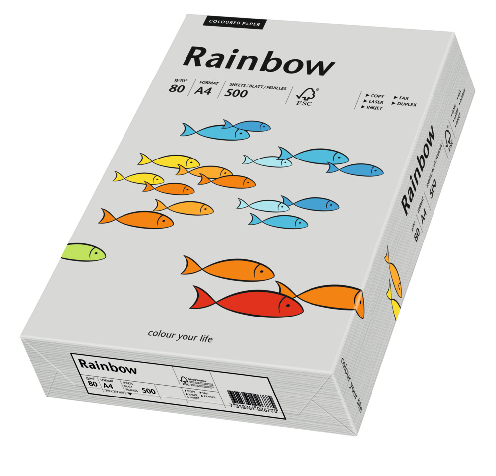 Spalvotas Popierius Rainbow A4, pilka (96), 80 g/m² 500 l. pakuotėje/ 160 g/m² 250 l. pakuotėje, 5 pakeliai dėžėje. Spalvotas Popierius Rainbow A4, pilka (96), 80 g/m² 500 l. pakuotėje/ 160 g/m² 250 l. pakuotėje, 5 pakeliai dėžėje.